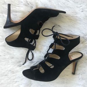 SOLE SOCIETY BLACK SUEDE PEEP TOE LACE UP HEELS 7